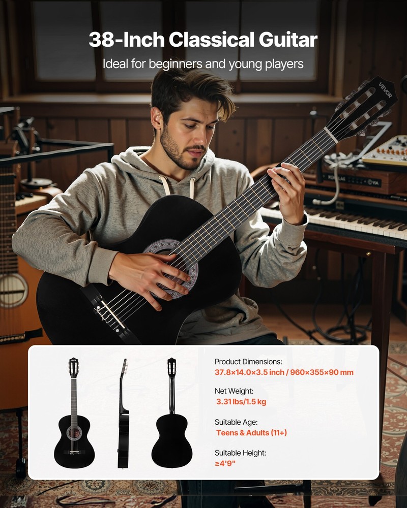 VEVOR Classical Guitar 38 in Guitar Beginner Starter Kit Nylon Strings Black