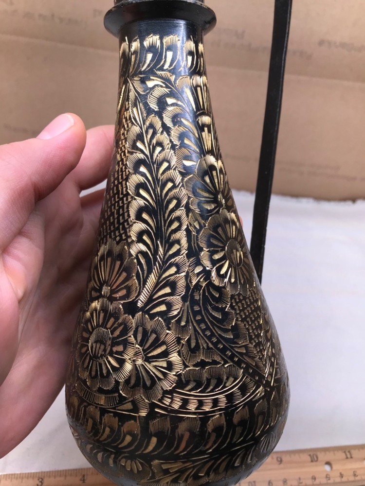 Bidriware style solid brass pitcher large engraved carafe vase