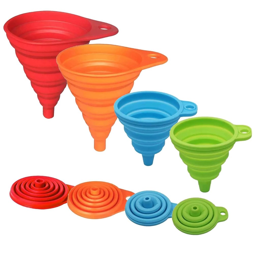 Foldable Silicone Funnel Set (4 Pack) – Collapsible Small & Large Funnels for Ki