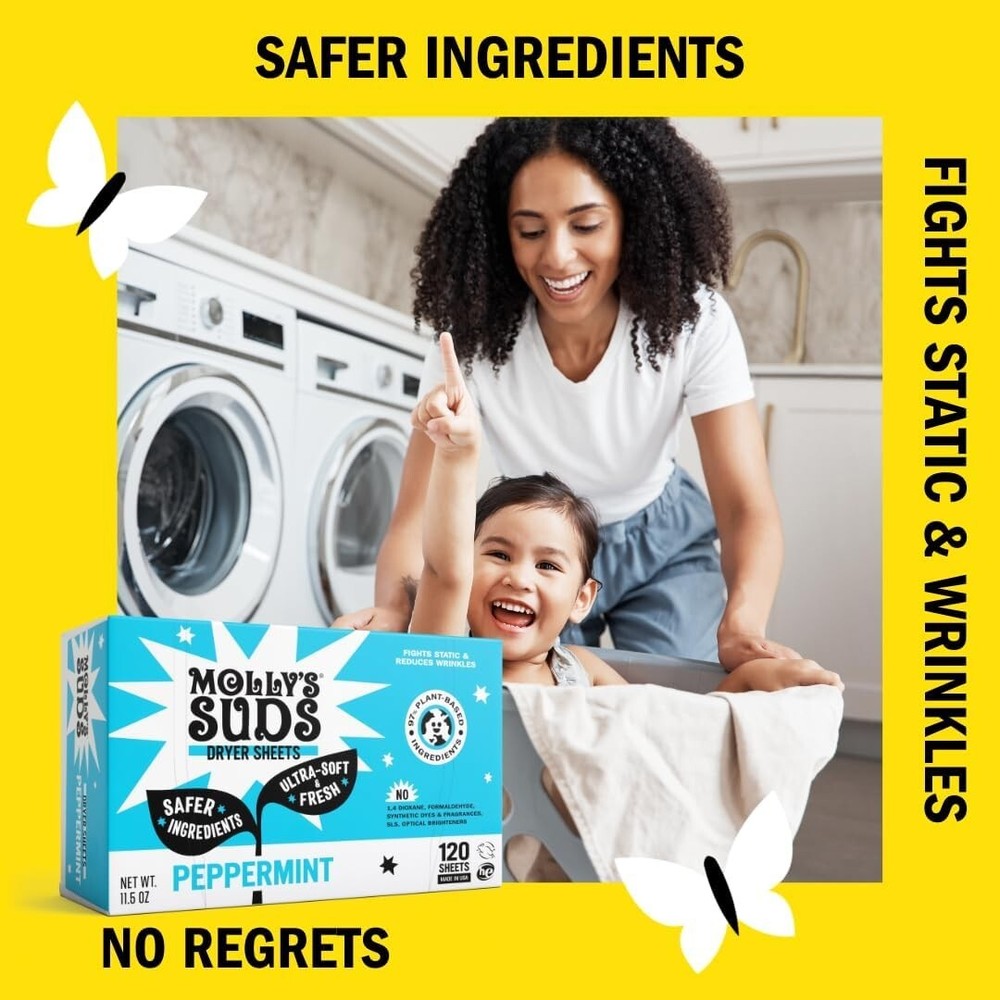 Fabric Softener Dryer Sheets Peppermint 120 Count Plant-Based Static Reducer