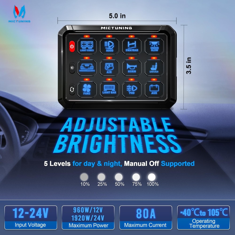 MICTUNING 12 Gang Switch Panel P1S B12X High Power Multifunction Pulse/Strobe...