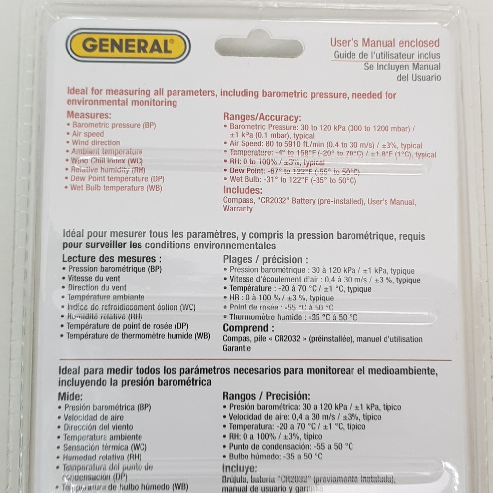 General Tools DAF3012M Environment Anemometer 9-in1 Pressure Speed Wind w/Memory