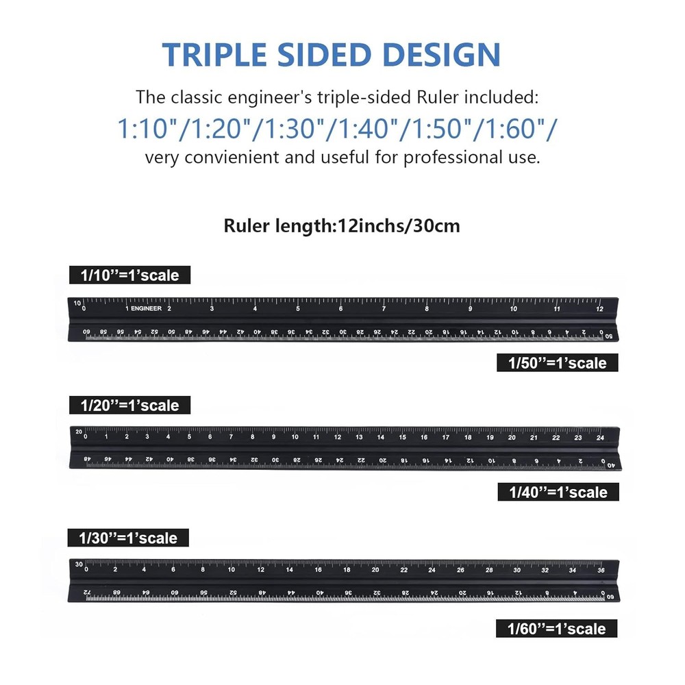 Architectural Engineering Scale Ruler Set Aluminum 12 Black Triangular Drafting