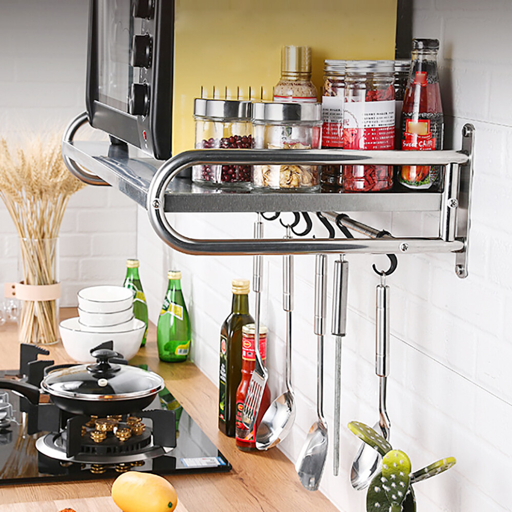 2 Tiers Adjustable Microwave Stand Wall Mounted Microwave Stand With 6 Hooks