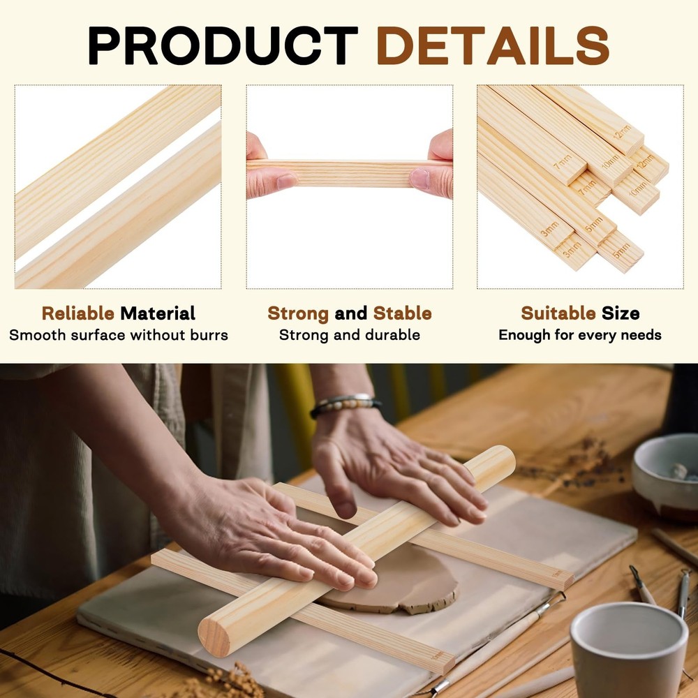 11 Pcs Pottery Rolling Pin Set, 5 Size Pottery Teaching Rolling Mud Stick Gui...