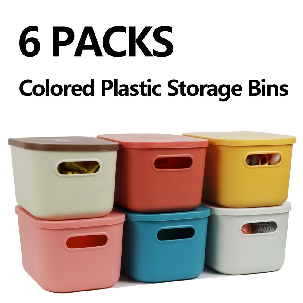 6Pcs Small Storage Bins with Lids, Stackable Plastic Organizer Bin Storage Co...