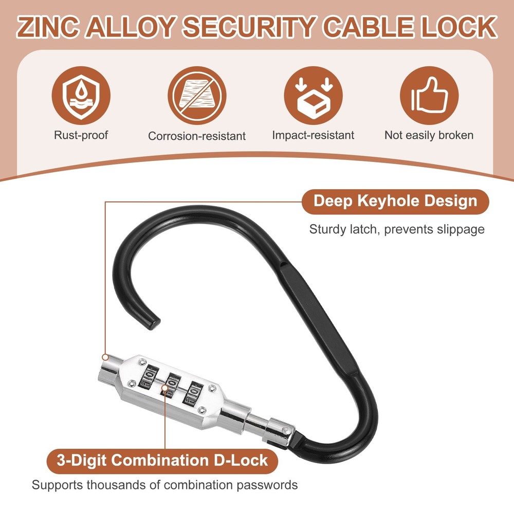 2 Pcs 4.8" x 2.4" D-Shaped 3-Digit Code Combination Lock D-Ring Clip, Black