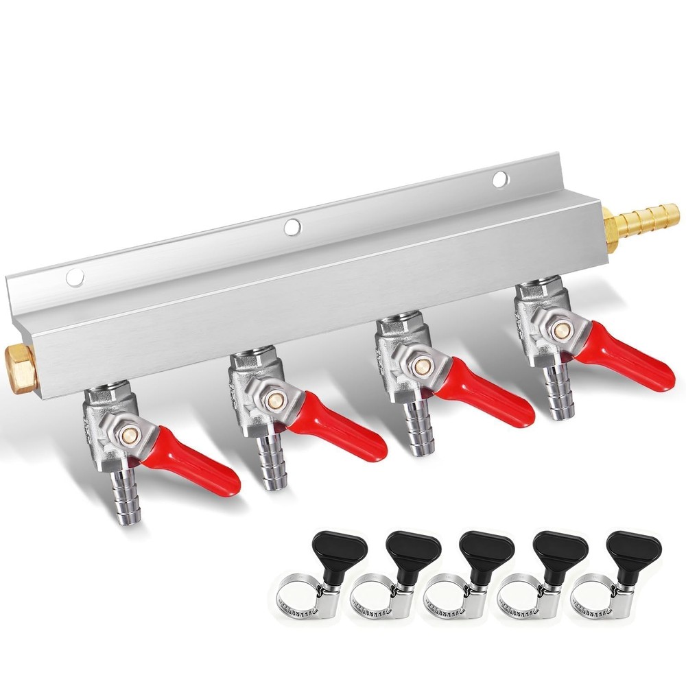 CO2 Manifold, 4-Way CO2 Gas Distributor 5/16'' Barb Fitting Beer Keg Gas