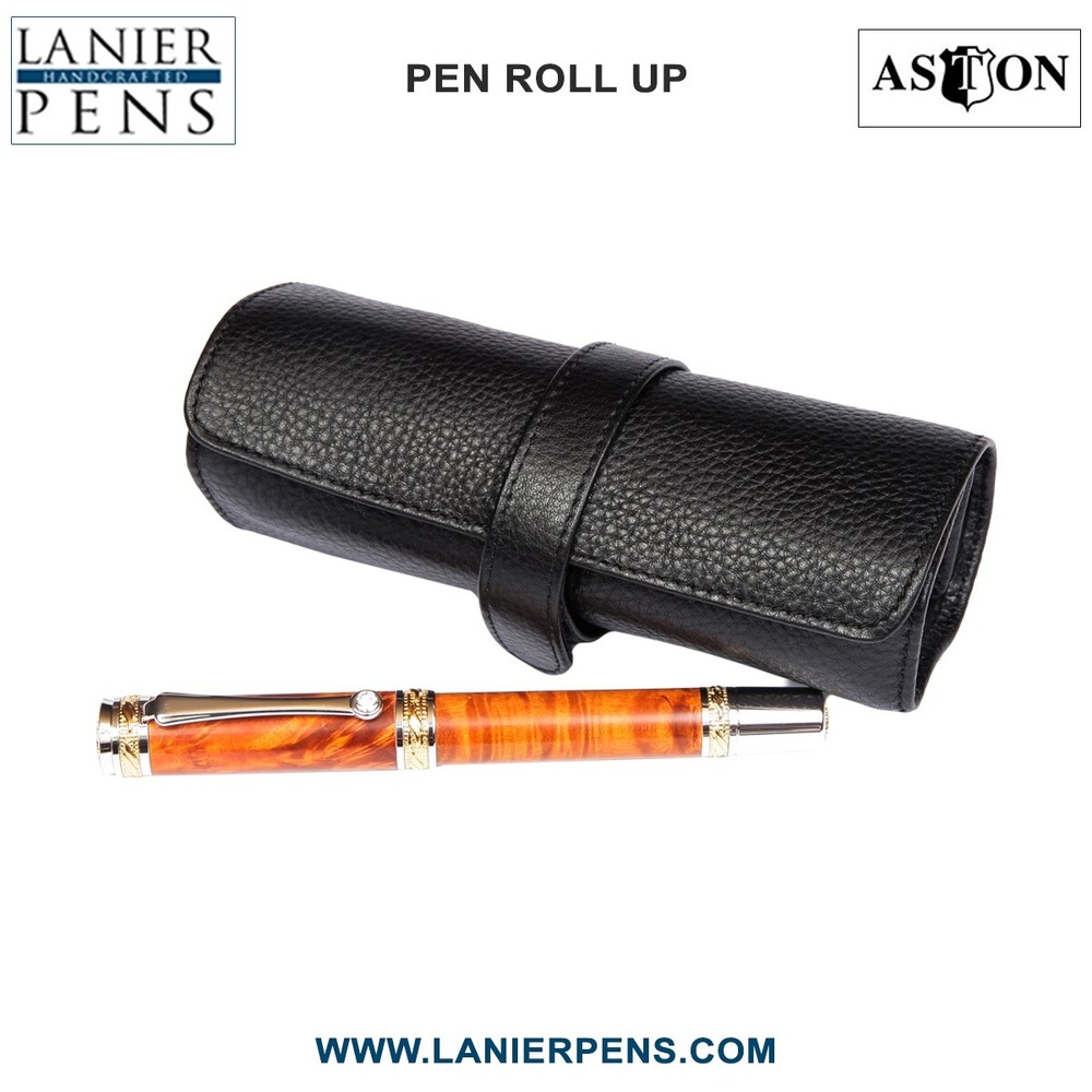 Aston Leather Roll Up Pen Case - 5 Pen Holder Roll Up Black Case