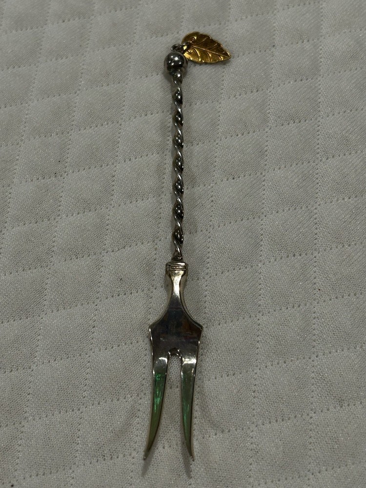 Sylvsmidja 830s Silver Pickle Lemon Fork Twist Handle Gold Leaf Ball End NORWAY