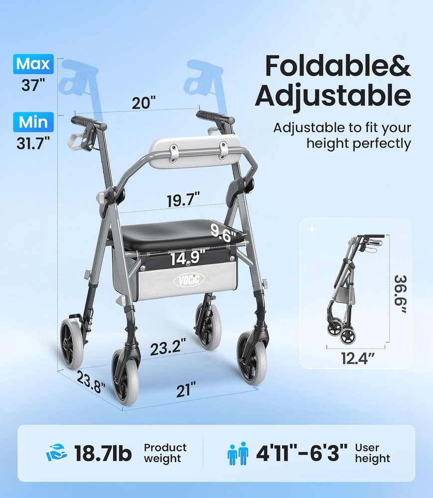 Rollator Walker for Seniors with Seat, Foldable, Adjustable Height, 380lbs