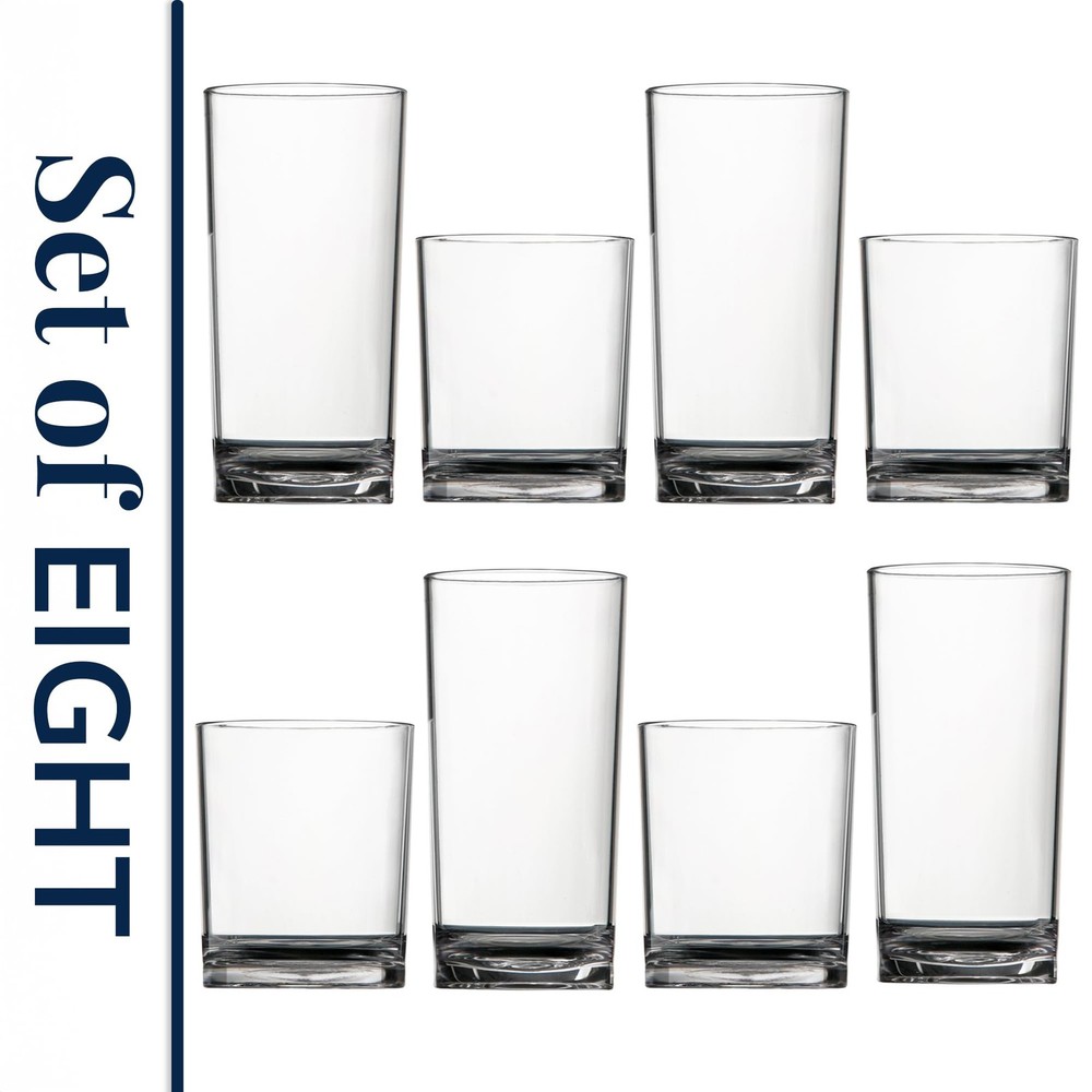 US Acrylic Classic Clear Plastic Reusable Drinking 8 Piece Assortment,