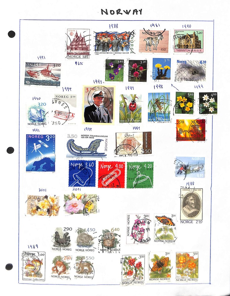 Norway Stamp Collection on 9 Pages, 1960-2004 All Different (BN)