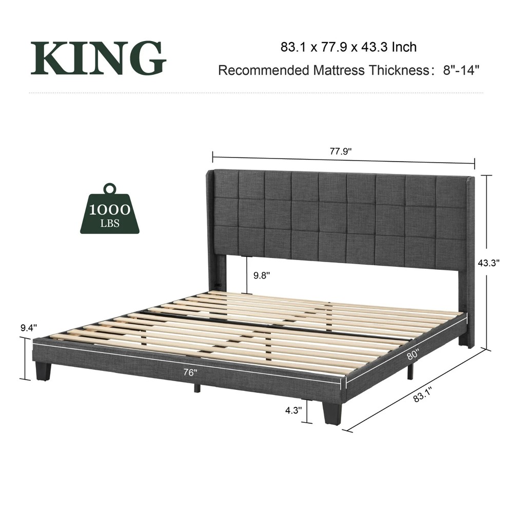 King Sized Platform Bed with Wingback Headboard. Square Stitched Style,Dark Grey
