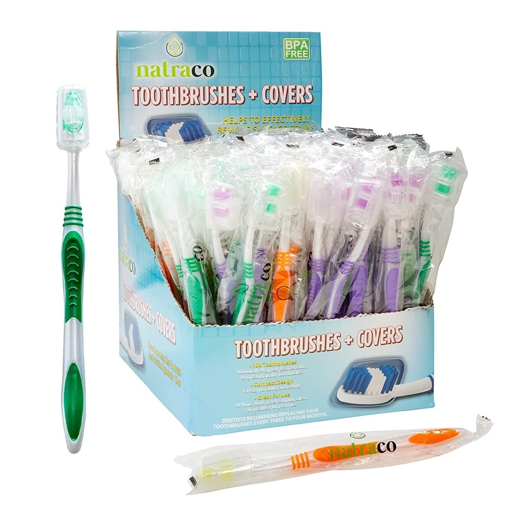 100 Bulk Toothbrushes + Caps, Individually Wrapped, Medium Soft, Multi Colors