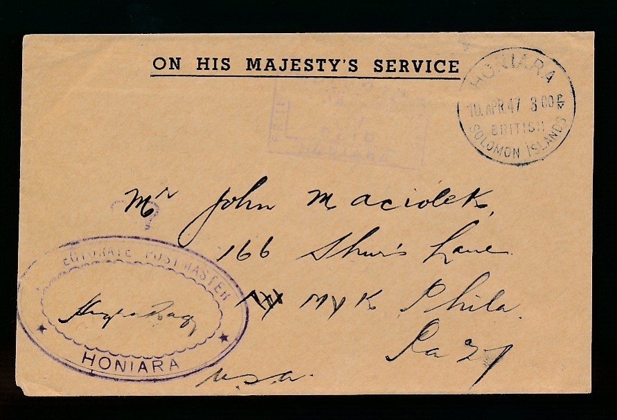 BRITISH SOLOMON ISLANDS OFFICIAL OHMS 1947...PROTECTORATE POSTMASTER CACHET