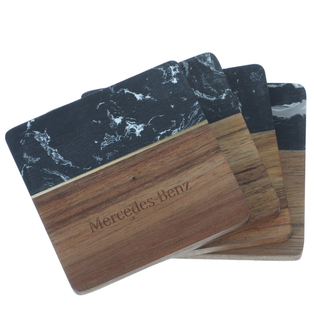 Mercedes Text Black Marble and Wood Coasters