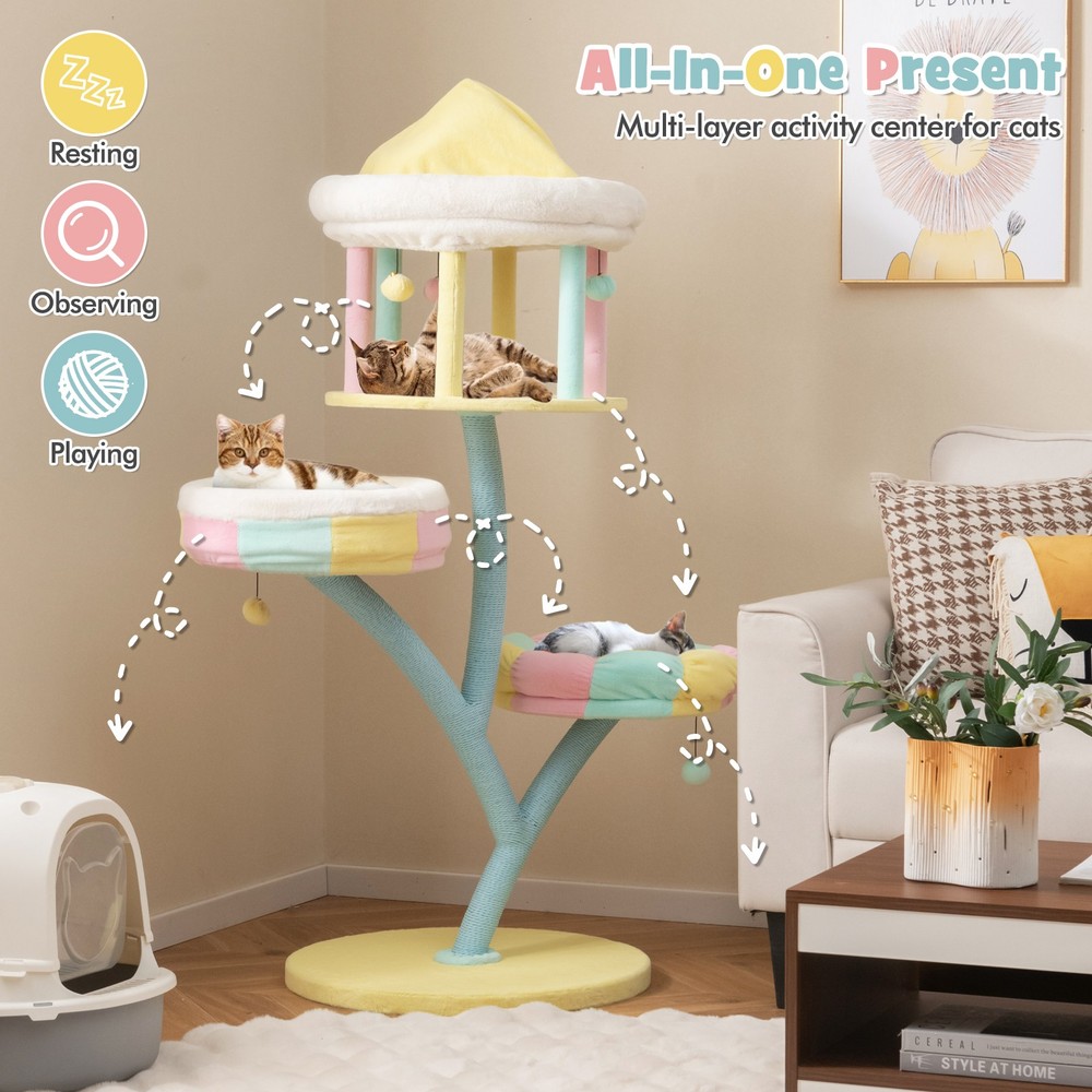 Multi-Layer Cat Tree Cat Tower w/ Open Condo 2 Removable Perches Dangling Balls
