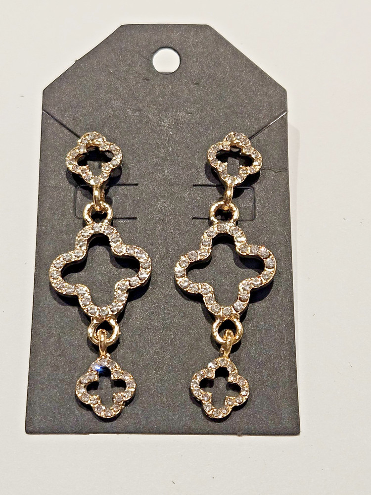 Triple Clover Earrings Pierced Dangle Gold Tone New