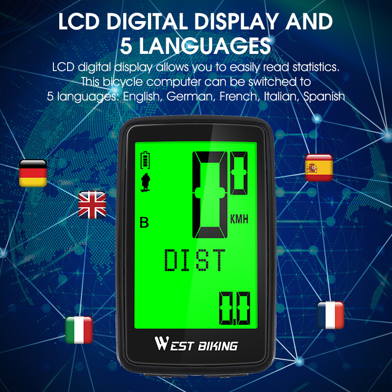 WEST BIKING USB Rechargeable 5 Languages Wireless Waterproof Bicycle Computer