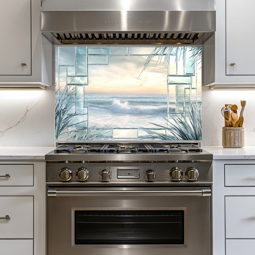 Ocean Landscape Scene Printed Tempered Glass Kitchen Backsplash Splashback Decor
