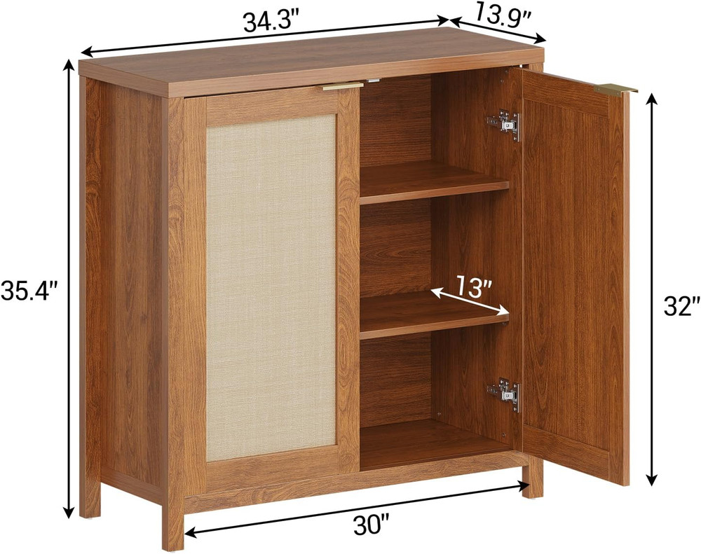 Boho Rattan Sideboard Buffet Cabinet with Adjustable Shelves, Natural Finish