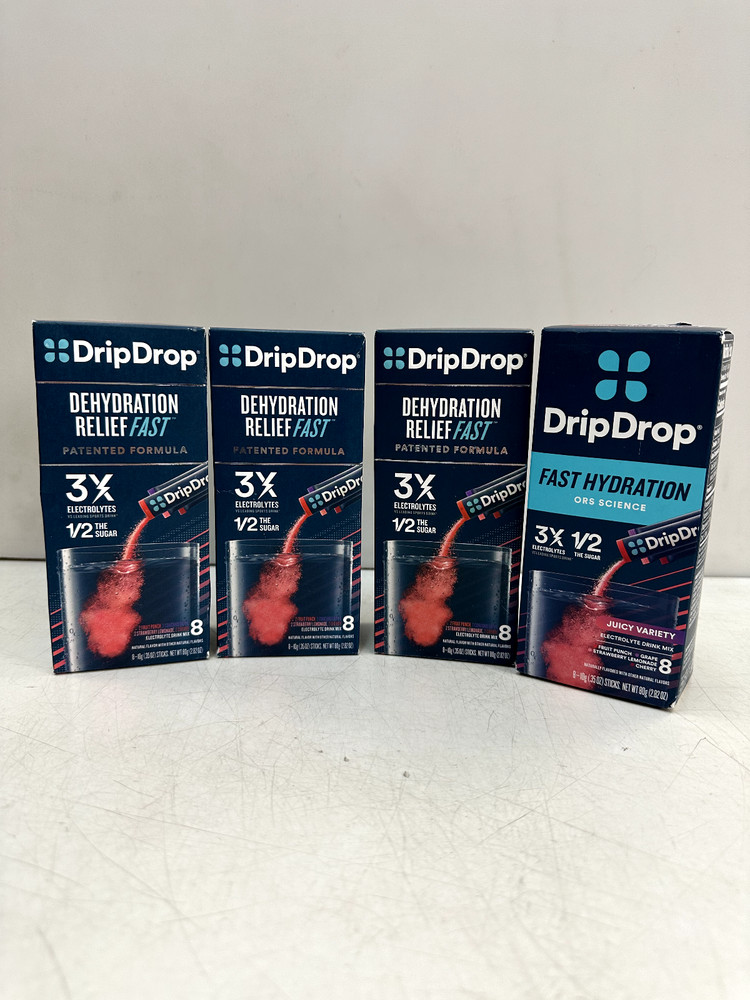 (4) DripDrop Hydration - Electrolyte Powder Packets - Grape, Fruit Punch,