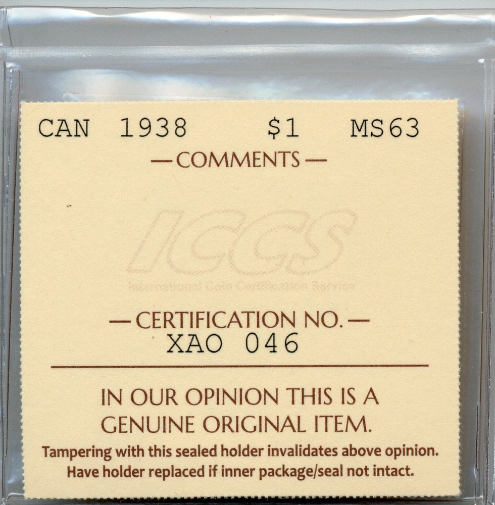 1938 Canada Silver Dollar - Choice Uncirculated, ICCS MS 63