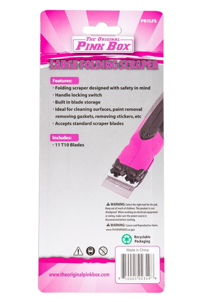 Folding Razor Blade Scraper with Locking Handle, Includes 10 T10 Blades, Pink