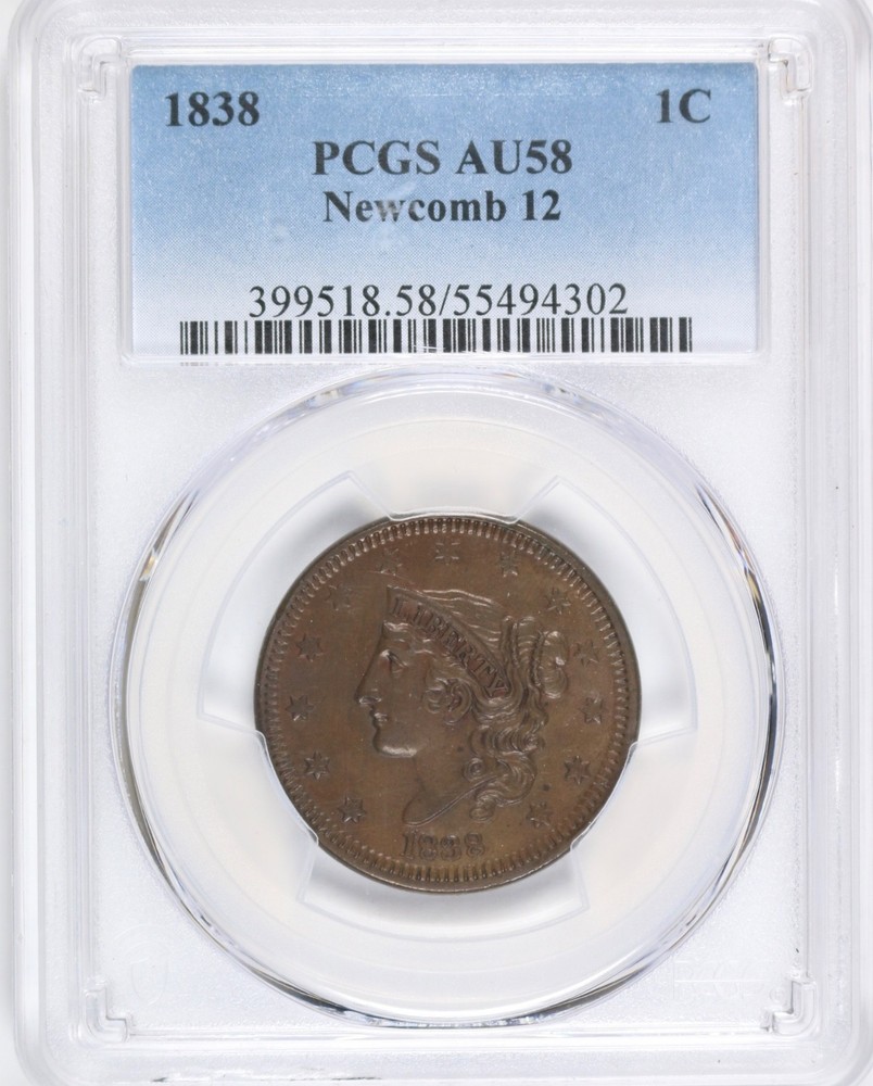1838 Large Cent NEWCOMB 12 PCGS AU58