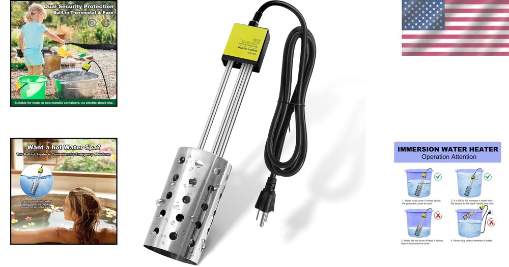 1500W UL-Listed Immersion Heater with Stainless Steel Guard - Safe & Fast