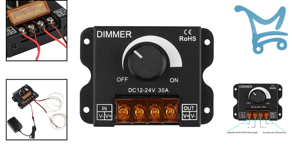 LED Light Strip Dimmer PWM Controller 12V-24V 30A Brightness Adjust Switch