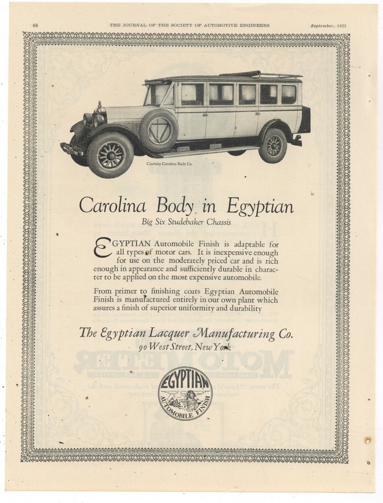 1925 Egyptian Lacquer Co. Ad: Carolina Body Co. Unit on Studebaker Chassis