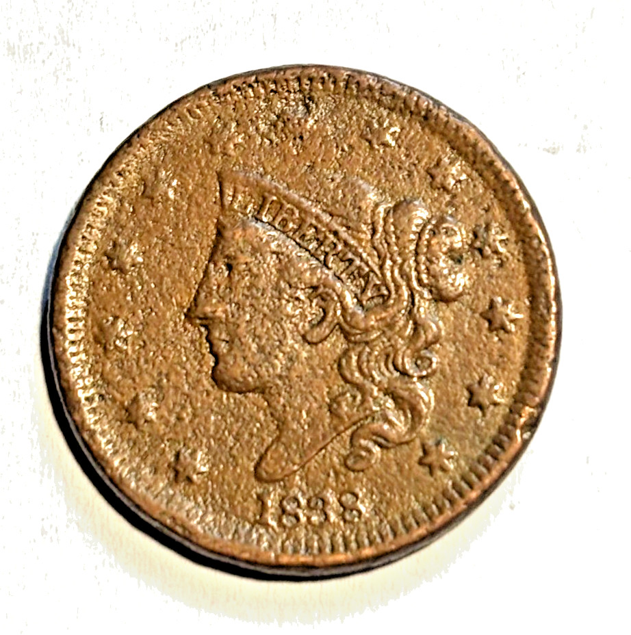 1838 Coronet Head Large Cent CHOICE VF E155 VYKCC