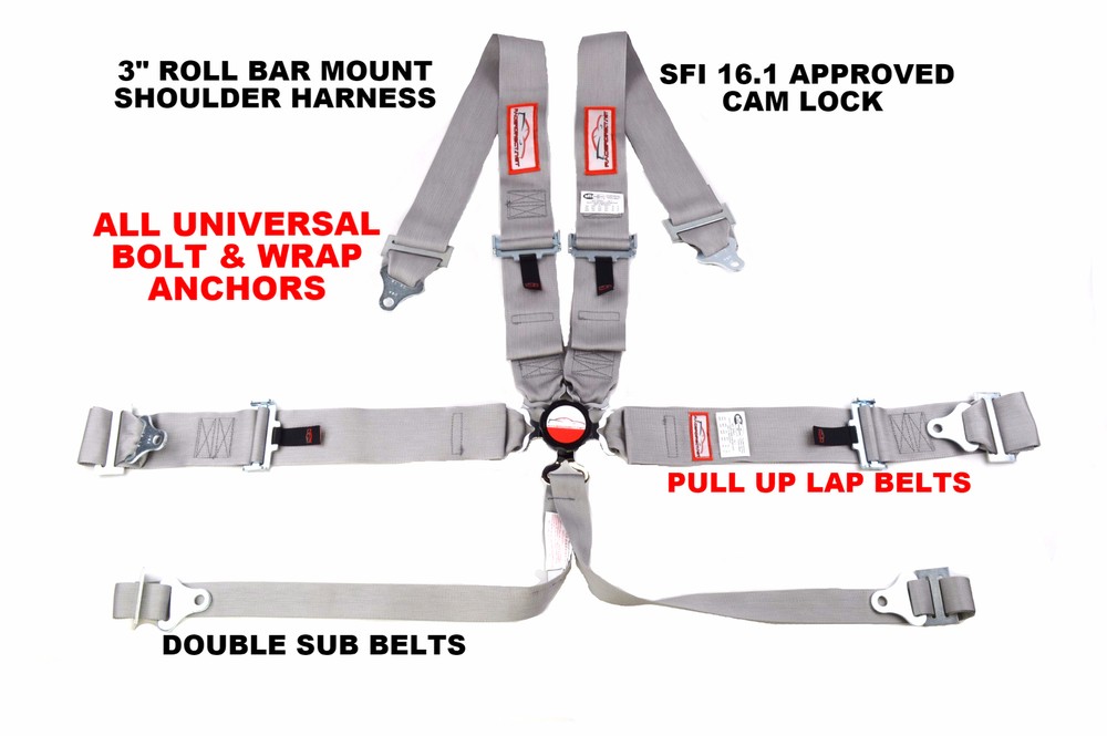 6 POINT RACING HARNESS PULL UP LAP BELT ROLL BAR MOUNT 3" CAM LOCK SFI 16.1 GRAY