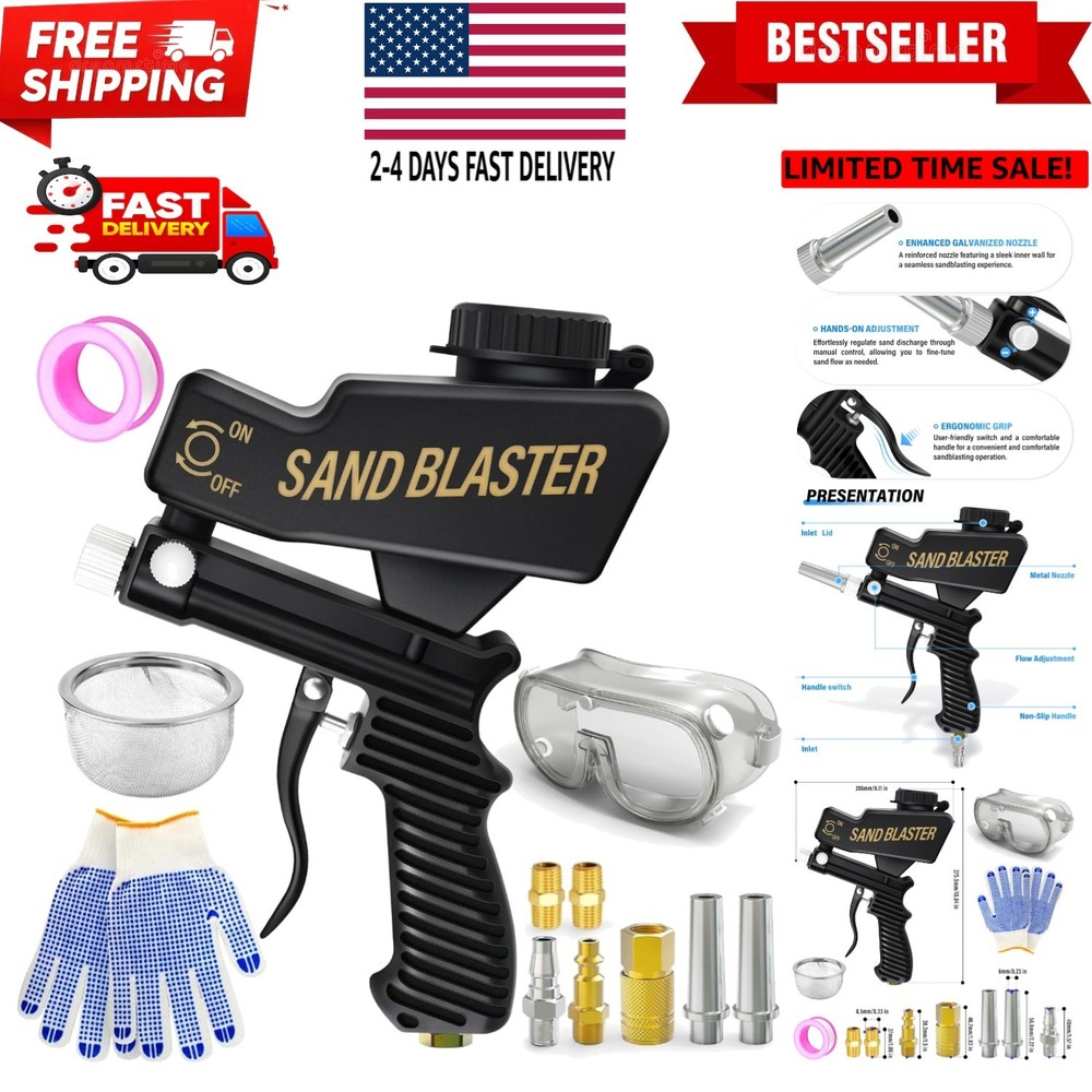 Black Portable Air Sand Blaster Gun Kit for Air Compressor Remove Paint, Rust...
