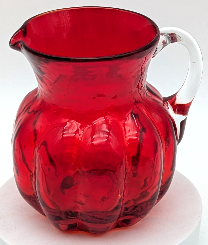 Hand Blown Ruby Red Art Glass Creamer Applied Clear Handle Melon Shape