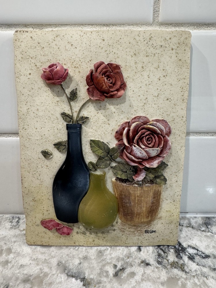 Blum Ceramic Raised Relief Floral Art Tile Rectangular Wall Decor 8x6in
