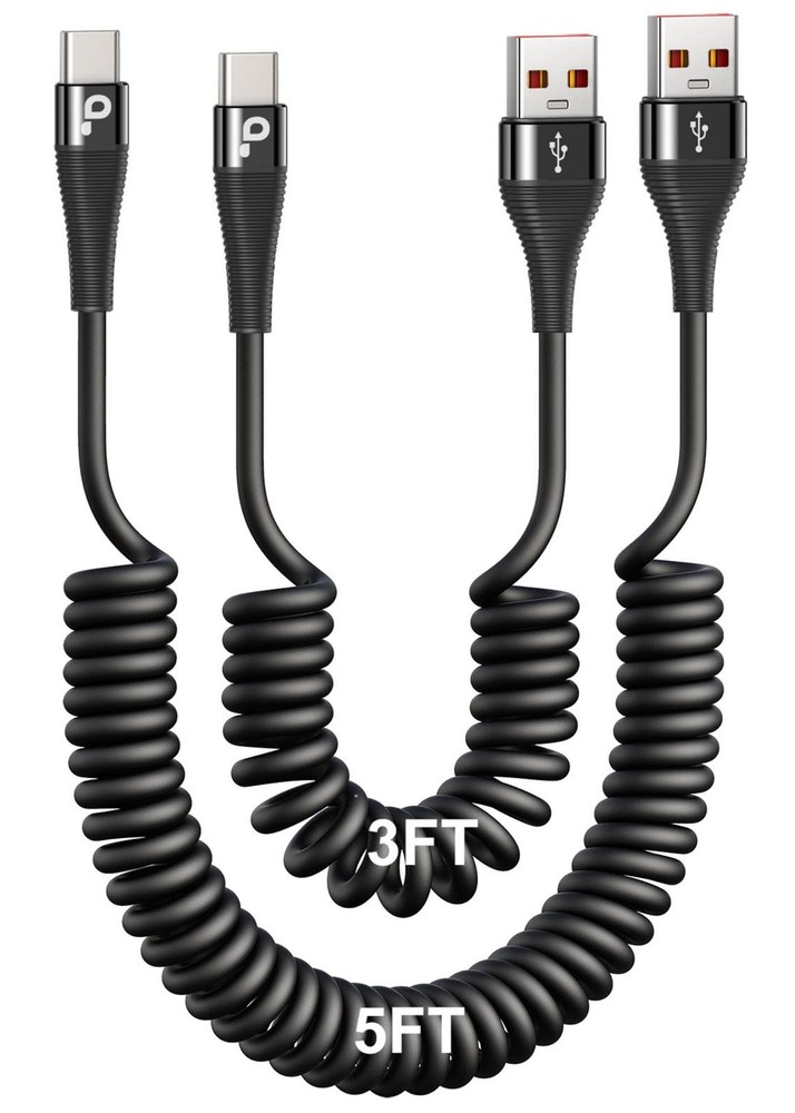 PRAKIE Coiled USB C Cable Fast Charging for Car 3FT/5FT, A Black