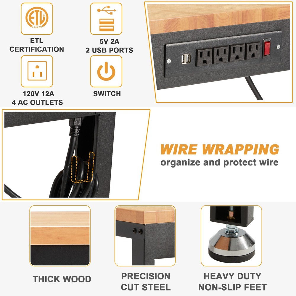 Height Adjustable Workbench 60"x 22" 2000 Lbs Capacity Heavy-Duty Power Outlets