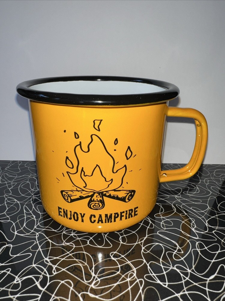 ORANGE Enamelware "Enjoy Camping" Metal Mug / Cup