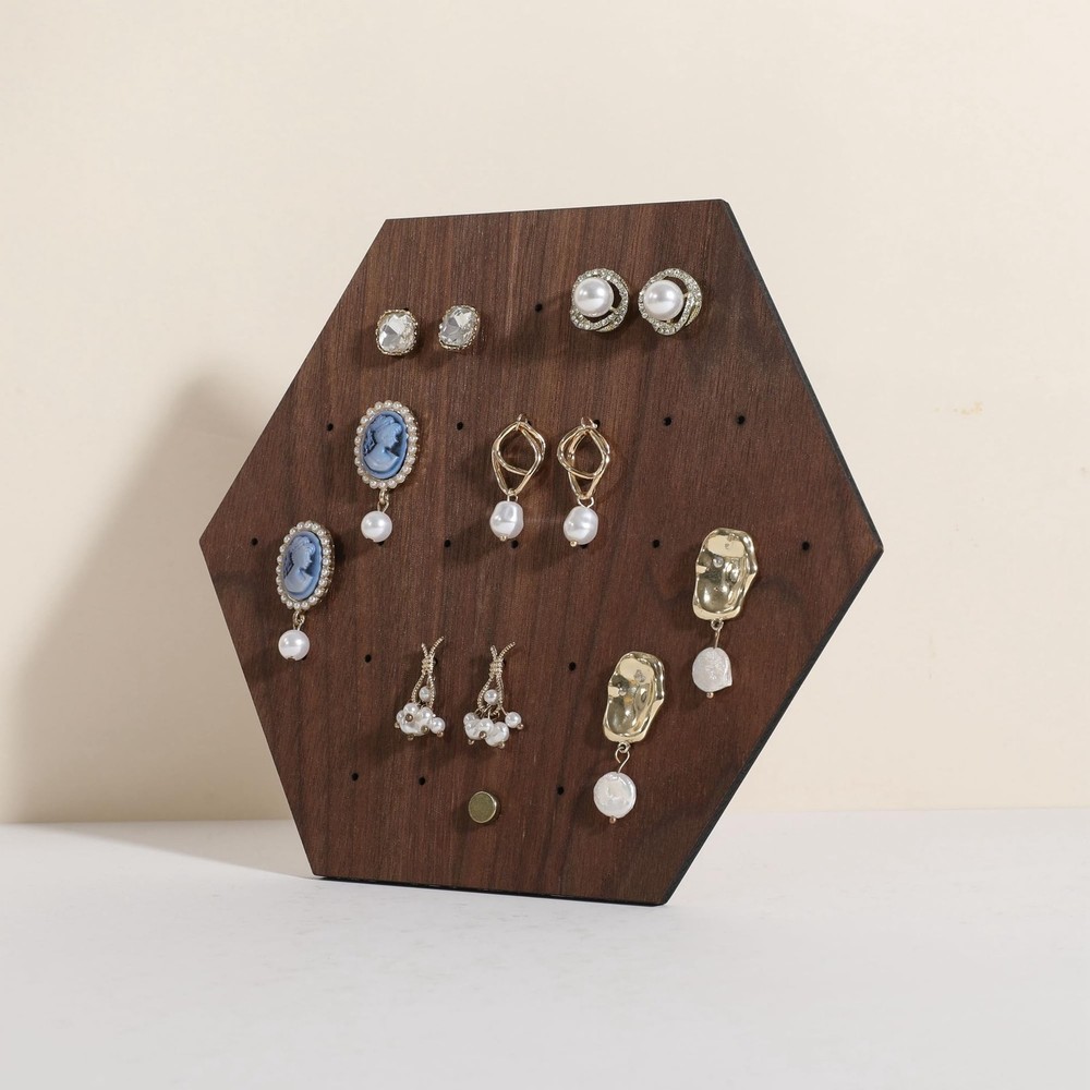 GemeShou Walnut earring organizer board, Hexagon sharp earring display stand ...