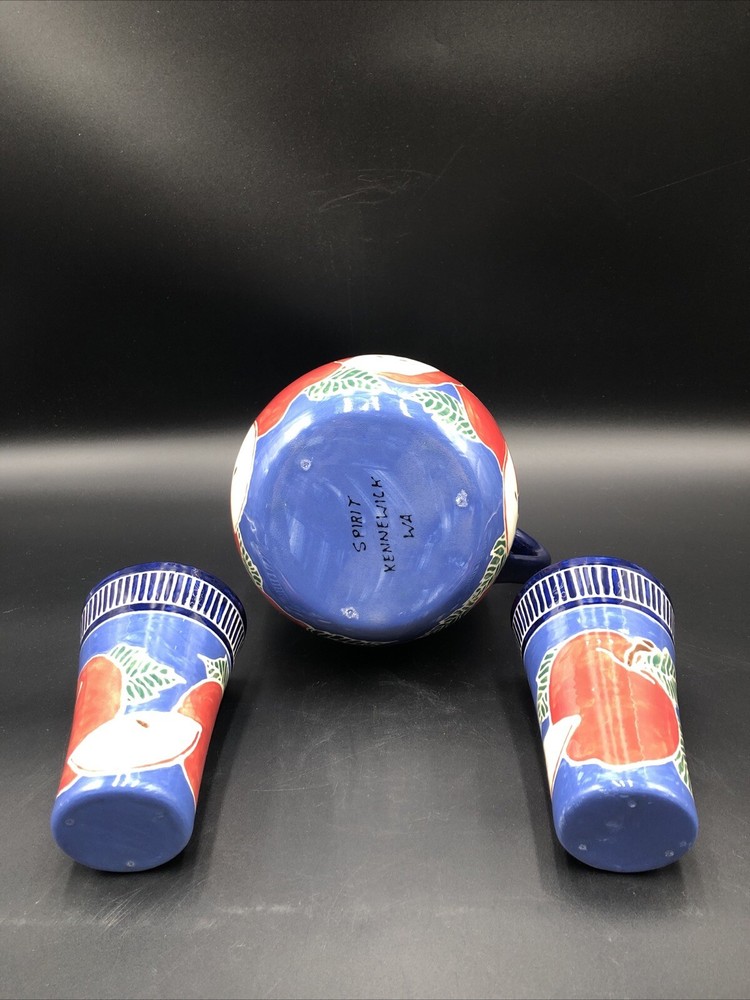 Handmade Signed Studio Art Pottery Ceramic Pitcher W/Cups