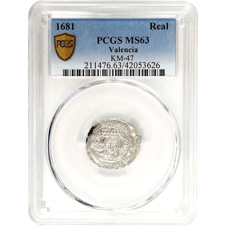 1681 Spain Valencia 18 Dineros, Real, PCGS MS 63