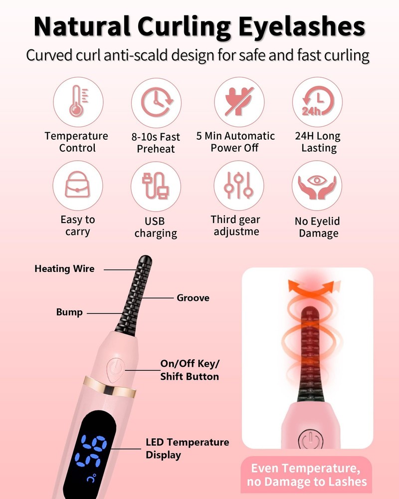 Heated Eyelash Curlers Mini Electric Curler LED Display 3 Temp Settings USB