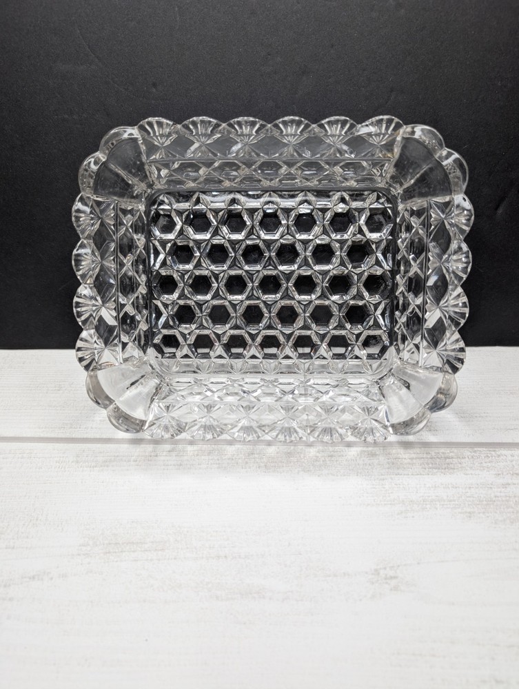 Vintage EAPG Clear Glass Honeycomb Hexagon Fan Rectangular Fruit Candy Bowl