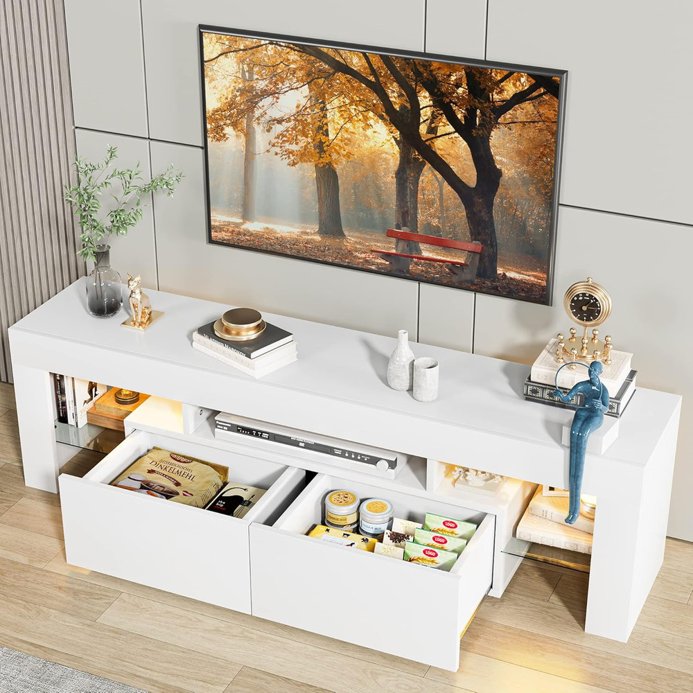 Modern TV Stand with LED Lights & Storage for 70" TV - White Console Table