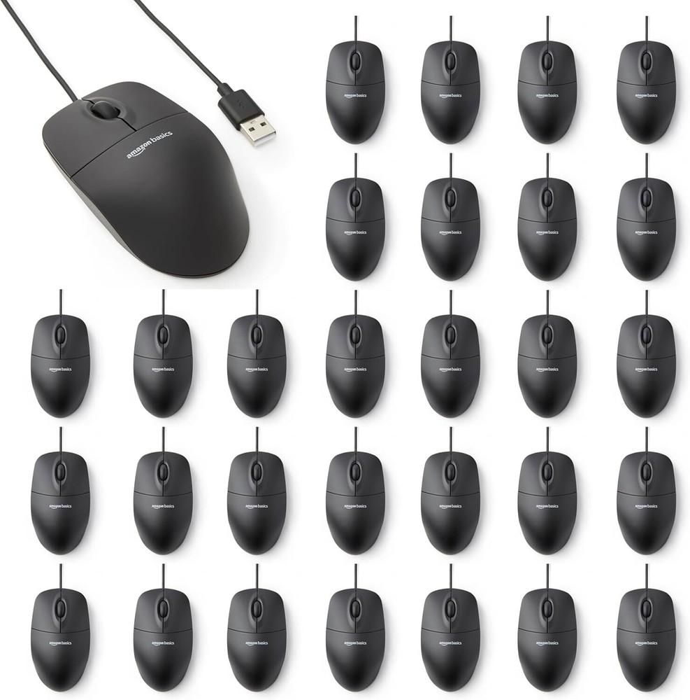 Pack of 30 x AMZ Basics 3-Button Wired USB Computer Mouse, Black