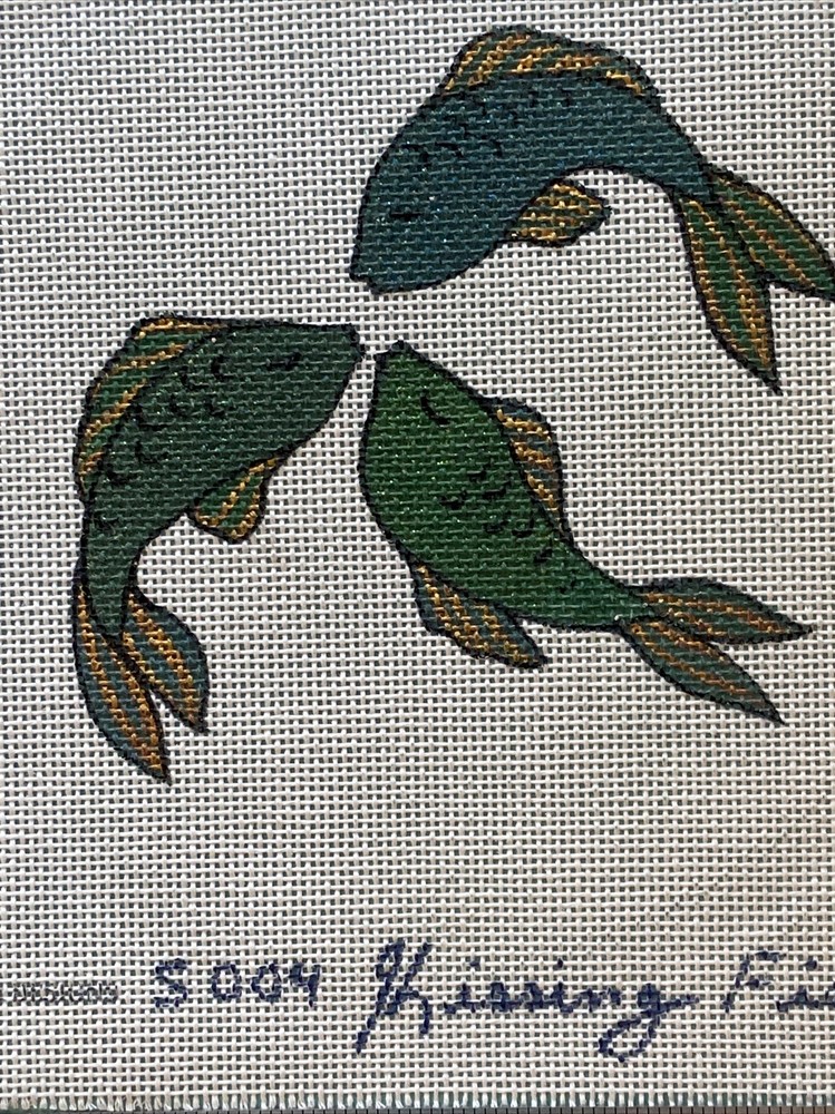 Kissing Fish, hand painted, needlepoint canvas, NEW, 18 Count