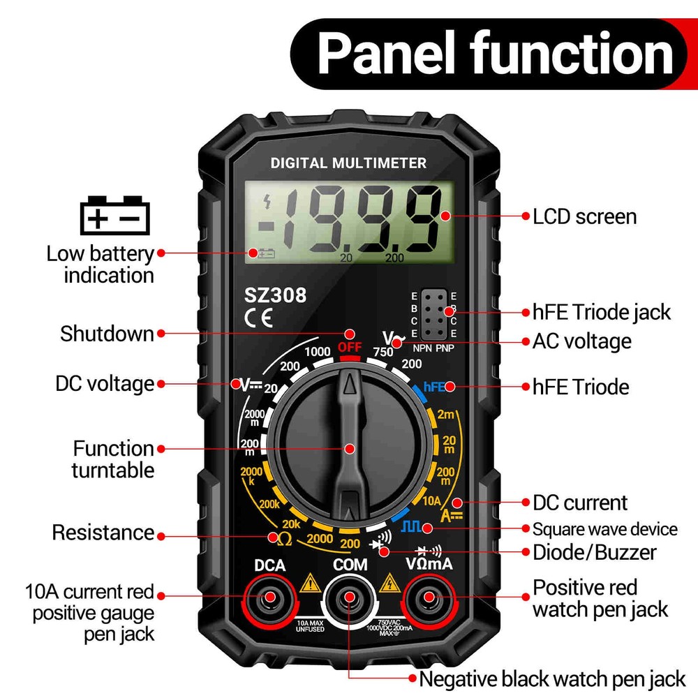 Digital Multimeter Voltmeter Ammeter Ohmmeter for AC DC Voltage Current Tester